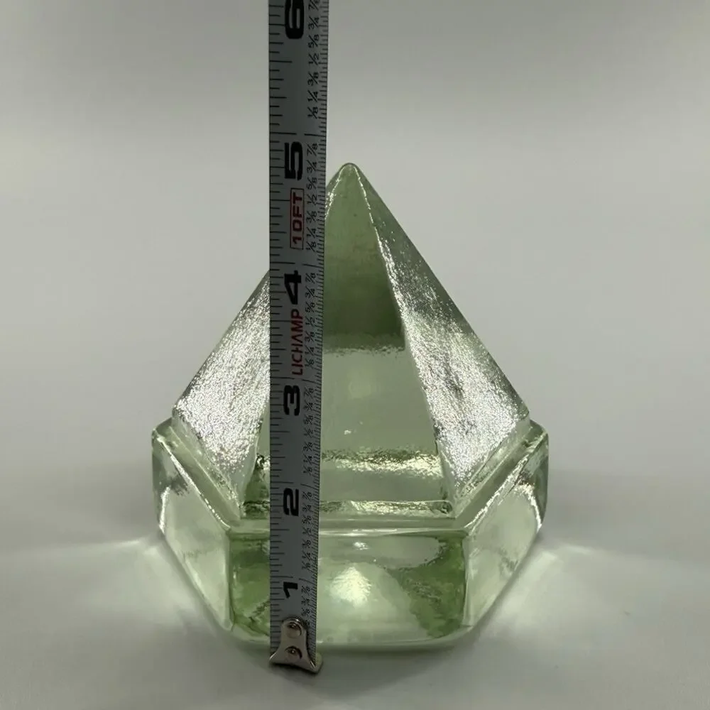 Vintage Green Glass Pyramid Paperweight Geometric Art Glass Sculpture Decor